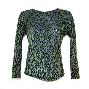 Jaipur Top Green Leaf Design Over Sheer Black Mesh